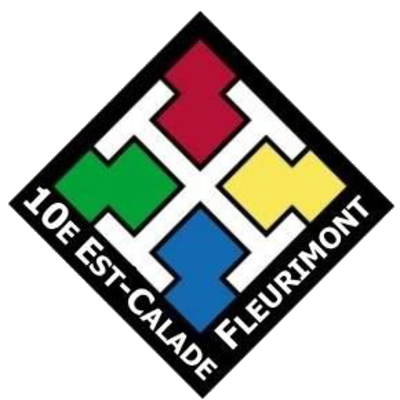 Logo 10ème Groupe Scout Est-Calade Fleurimont: une croix scout blanche à 45 degrés, avec les couleurs des 4 branches: jaune pour les castors, vert pour les louveteaux, rouge pour les éclaireurs et les pionniers, et bleu pour les routiers et les adultes